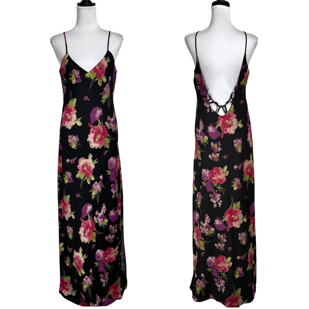 NWT Vintage Betsy & Adam Black Floral Maxi Dress Slip 13 14 Open Back Romantic